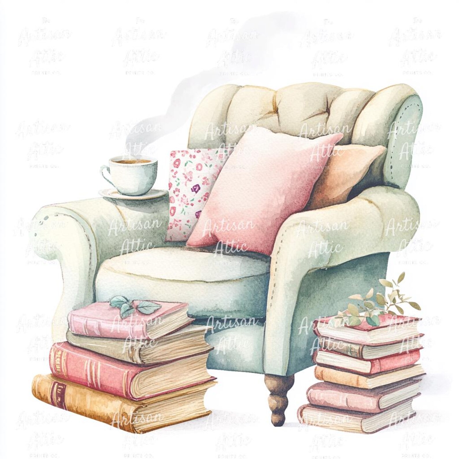 23 Cozy Floral Armchair With Steaming Coffee Cup, Stacked Vintage Books ...