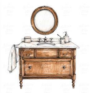 May include: A watercolour illustration of a vintage bathroom vanity with a round mirror, marble countertop, and wooden cabinet. Includes a sink, tap, and accessories like a soap dispenser and toothbrush holder. A towel hangs on the side.