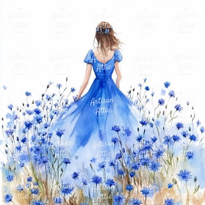 16 Aquarelle représentant une jeune fille en robe bleue se promenant dans un champ de bleuets, téléchargement numérique pour une décoration murale inspirée de la nature