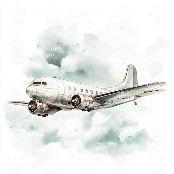 13 水彩飛行機 | 雲の風景の中を舞い上がる | 手描きの水彩画飛行