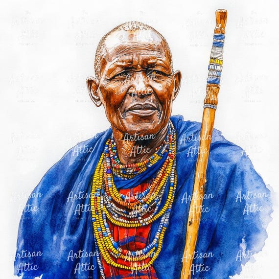 カラフルなビーズのジュエリーと鮮やかなローブをまとい、杖を持った