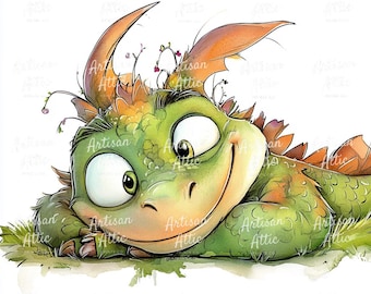 10 bedårande drakeungar png akvarell clipart, söt fantasireptil för digital nedladdning, scrapbookingbilder, barnrumskonst, barndekor