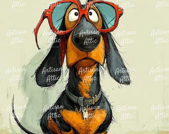 13 Quirky dachshund with oversized sunglasses digital clipart whimsical funny dog art illustration for scrapbook images summer watercolor
