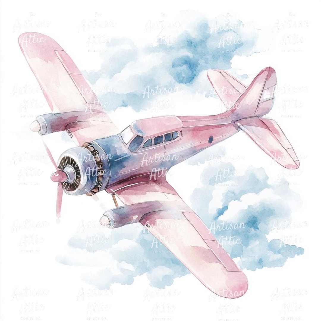 ピンクの飛行機の水彩画プリント｜ビンテージ風飛行機イラスト