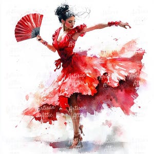 May include: Watercolor painting of a flamenco dancer in a flowing red dress, holding a red fan. The dancer is in motion, with arms outstretched. The image has the text "Artisan Attic" in multiple places.