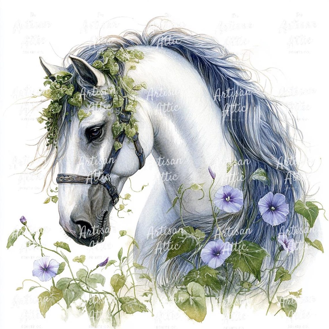 16 Floral Horse Watercolor Clipart Botanical Equine Art For Digital 