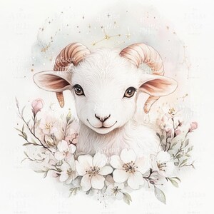 16 aquarel ram ram geit met bloemen krans & sterrenbeeld voor digital crafting illustraties, plakboekafbeeldingen, decor dierenriem kinderkamer