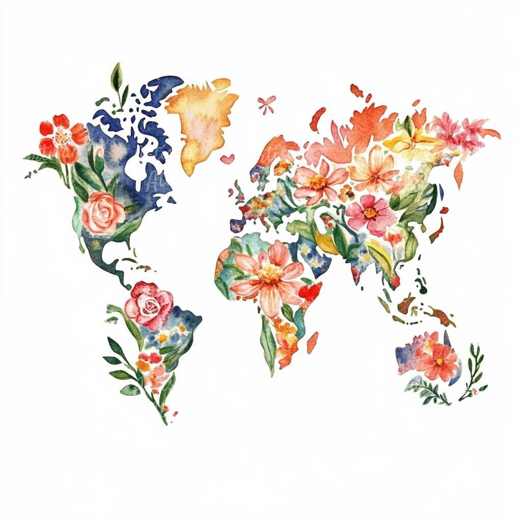 Watercolor Floral World Map Clipart | Printable Globe Art (digital ...