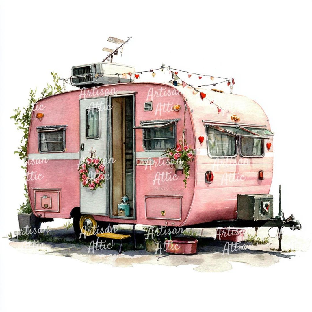 13 Pink Vintage Camper With Flowers Digital Clipart Scrapbook Images ...