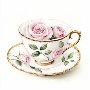 12 rose rosa acquerellate in tazza da tè, clipart per artigianato digitale, scrapbooking, progetti fai da te, decorazioni vintage per il tè, clipart ad acquerello