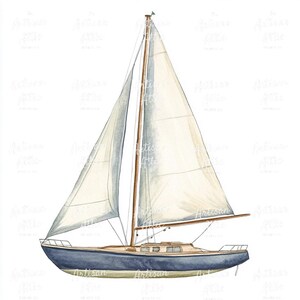 Puede incluir: Ilustración en acuarela de un velero con velas blancas y casco azul. El barco tiene un mástil y botavara de madera, y una pequeña bandera verde en la parte superior del mástil. La imagen está sobre un fondo blanco.