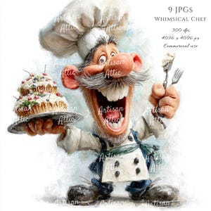Illustrazione di uno chef/pasticcere stravagante in stile cartone animato: illustrazione di una cucina fantasiosa (download digitale, 9 immagini)