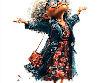11 Clipart images of quirky stylish older woman with glasses and floral dress carefree pose digital scrapbook images artwork download