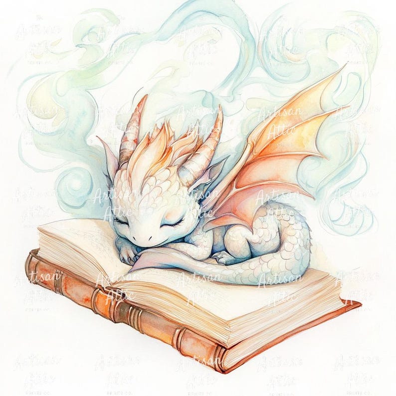 Akvarelltryck av babydrake, sovande i bok (digital nedladdning, 11 bilder) bild 9