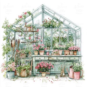 12 clipart de aquarela de estufa de vidro vintage – plantas em vasos, ferramentas de jardim e ilustrações de flores para scrapbook de artesanato digital