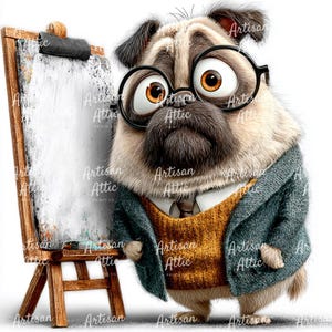May include: A cartoon pug wearing glasses, a sweater vest, and a blazer stands next to a blank artist's easel. The pug has a serious expression and is set against a white background. The easel is made of wood.
