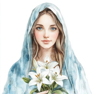 13 Clipart della Vergine Maria ad acquerello, con gigli in mano, clipart digitale sacra, immagini spirituali, clipart ad acquerello per creazioni artigianali