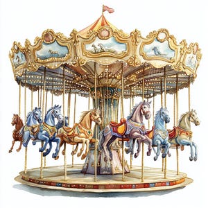 9 clipart de carrossel em aquarela, carrossel de cavalo vintage, clipart de passeio de parque de diversões, arte digital de carrossel pintado à mão, decoração de festa infantil