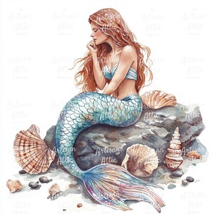 May include: Watercolor illustration of a mermaid with flowing red hair, wearing a light blue top and a turquoise scaled tail. She sits on a gray rock surrounded by seashells and small pebbles. The image has a soft, artistic style.