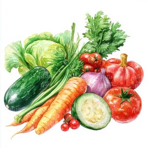12 cliparts aquarelle de légumes | Art de produits frais | Légumes biologiques | Tomate, concombre, carotte | Illustration fraîche de la ferme à téléchargement numérique