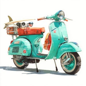Könnte beinhalten: Aquarell-Illustration eines türkisfarbenen Vintage-Rollers mit orangefarbenem Sitz und Akzenten. Ein Surfbrett und eine Sonnenbrille sind hinten befestigt. Der Roller hat Weißwandreifen und den Text "Artisan Attic Prints Co."