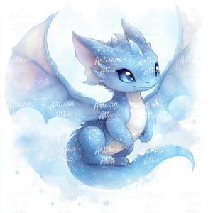 11 Cute baby dragon watercolor clipart in soft icy blue with sparkly scales and wings, fantasy digital png for kids decor