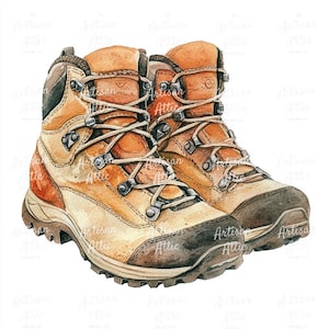 16 Rugged hiking boots watercolor png download with worn leather details digital clipart for scrapbook images, travel journals, and crafts
