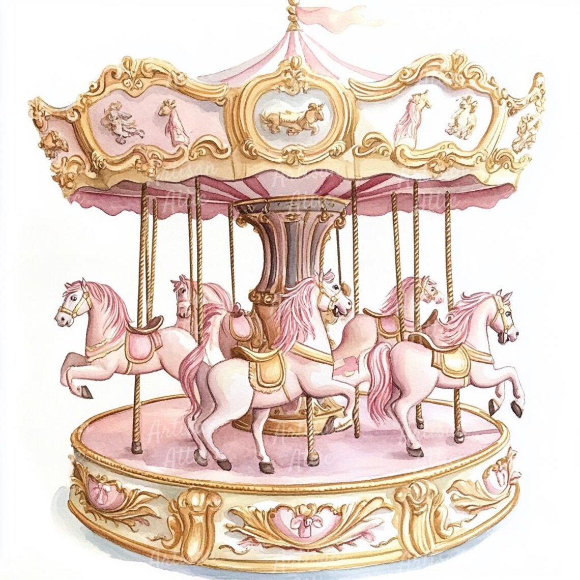 9 Watercolor Carousel Clipart, Vintage Horse Carousel, Amusement Park ...