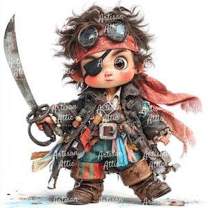 May include: A digital illustration of a cartoon pirate with a red bandana, goggles, and an eye patch. The pirate wears a black coat, a belt with a buckle, and brown boots. He holds a sword in his right hand and has a red scarf.