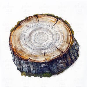15 Rustic Watercolor Tree Stump Cross-Section with Mossy Bark – Digital Clipart for DIY Crafts, Scrapbook, Nature Designs