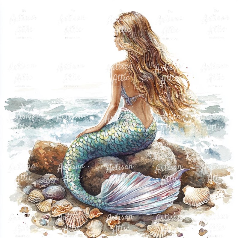 May include: Watercolor illustration of a mermaid sitting on rocks at the beach. The mermaid has long, flowing blonde hair and a turquoise and green scaled tail. Seashells are scattered around the rocks, and the ocean is in the background.