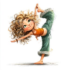 Puede incluir: Ilustración caprichosa de una persona en una postura de yoga. La figura tiene cabello rubio rizado, ojos verdes y viste un top naranja y pantalones verdes. La obra de arte tiene un estilo de acuarela con salpicaduras de color.