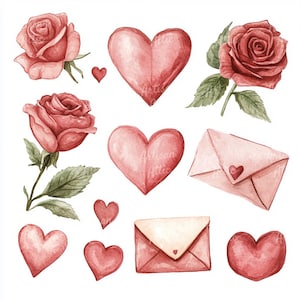 10 Watercolor Roses and Hearts Clipart, Love Heart and Rose Illustrations, Romantic Valentine’s Day Clipart, Watercolor Heart Envelope Art