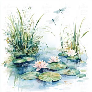 12 Lagoa serena em aquarela com lírios e libélulas – Download digital para impressão de arte de parede botânica