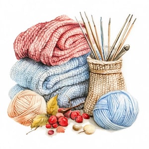 12 Watercolor Yarn and Knitting Clipart | Digital Crafting Clipart | Knitting Tools Art | Yarn Ball, Knitting Needles Clipart