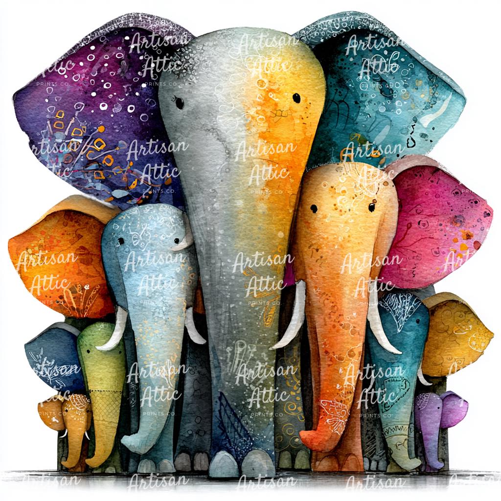 水彩画の象の家族のプリント、風変わりな子供部屋アート（ダウンロード