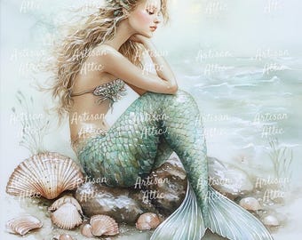 17 Mermaid on Shore Watercolor Clip Art for Digital Crafting, Scrapbook Images & Coastal Decor