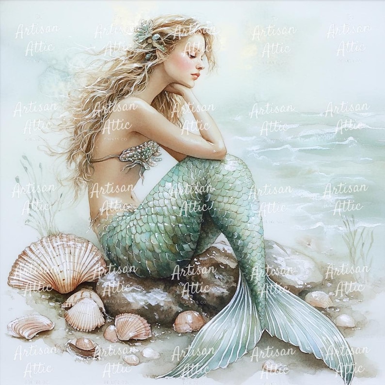 May include: Watercolor painting of a mermaid with long blonde hair, a green scaled tail, and a seashell bra. She sits on a rock near the ocean, surrounded by seashells. The artwork has a soft, dreamy quality.