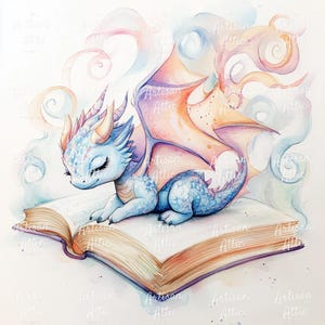 Akvarelltryck av babydrake, sovande i bok (digital nedladdning, 11 bilder) bild 4