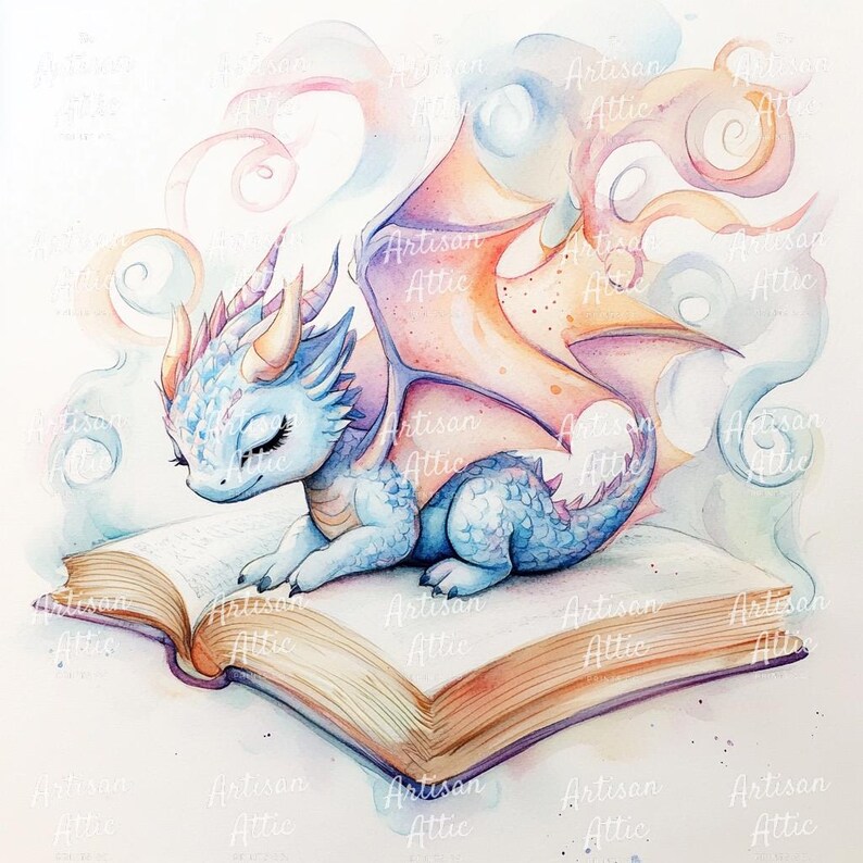 Akvarelltryck av babydrake, sovande i bok (digital nedladdning, 11 bilder) bild 4