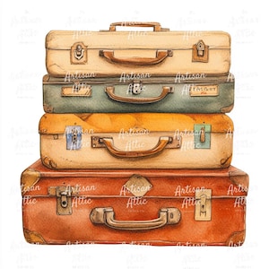 May include: A stack of four vintage suitcases in watercolor style. The suitcases are in shades of tan, green, orange, and brown. Each suitcase has a handle and metal clasps. The top suitcase has a small metal clasp and a leather handle.
