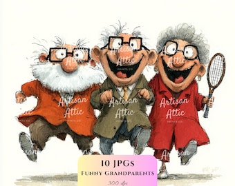 Funny Grandparents Tennis Pose Illustration (Digital Download, 10 Images)