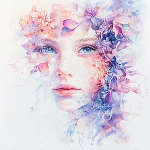 12 ätherisches Aquarell Portrait einer Frau mit rosa und lila Blumen - feminine digitale Clipart für Scrapbook Bilder und zum Basteln