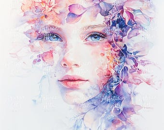 Ethereal Watercolor Woman Portrait – Pink & Purple Floral Clipart (Digital 12 JPGs)