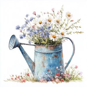 12 Watercolor Watering Can with Wildflowers Clipart, Blue Tin Watering Can with Flowers, Rustic Spring Floral Art, Gardening Clipart