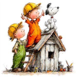 Puede incluir: Ilustración de dos niños y un perro en una caseta de perro de madera. Los niños llevan cascos amarillos y monos, uno naranja y otro verde. El perro, Snoopy, está en el tejado. Latas de pintura y herramientas están en la base de la caseta.