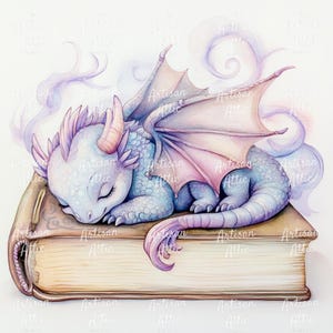 Akvarelltryck av babydrake, sovande i bok (digital nedladdning, 11 bilder) bild 7