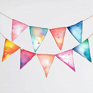11 Watercolor Party Bunting Clipart, Colorful Bunting Flags, Celebration Decorations, Digital Clipart, Party Clipart for Crafts