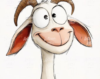 Watercolor Smiling Goat Clipart – Funny Farm Animal JPG Download, 12 Images