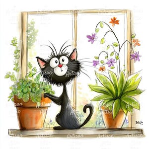May include: A whimsical illustration of a black cat with large eyes and a red nose, standing on a windowsill. The cat is surrounded by potted plants and flowers, with a window in the background. The artwork has a cartoonish style.